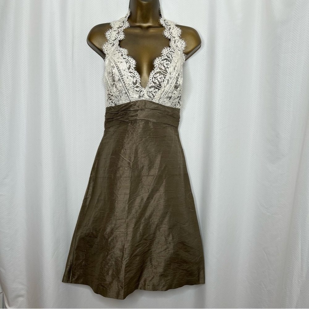 Watters & Watters taupe and cream silk lace halter top dress